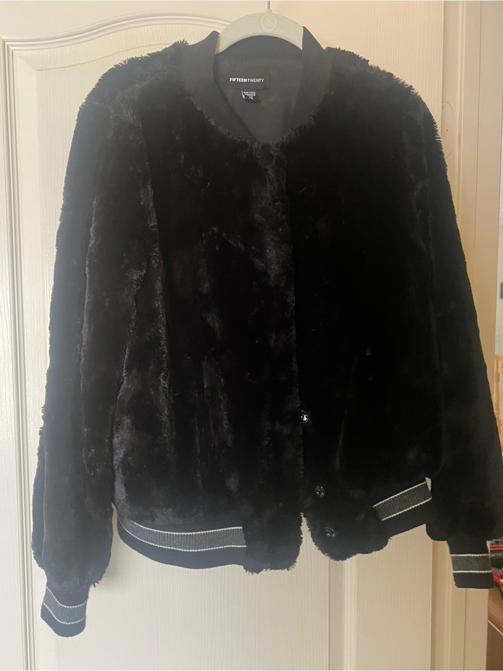 Fifteen Twenty Black Faux Fur Bomber with Striped Trim